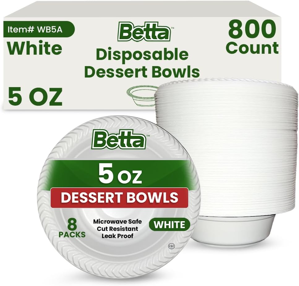 Betta 5 Oz Disposable Plastic Small Dessert Bowls, White, 800 Count, Bulk Cas...