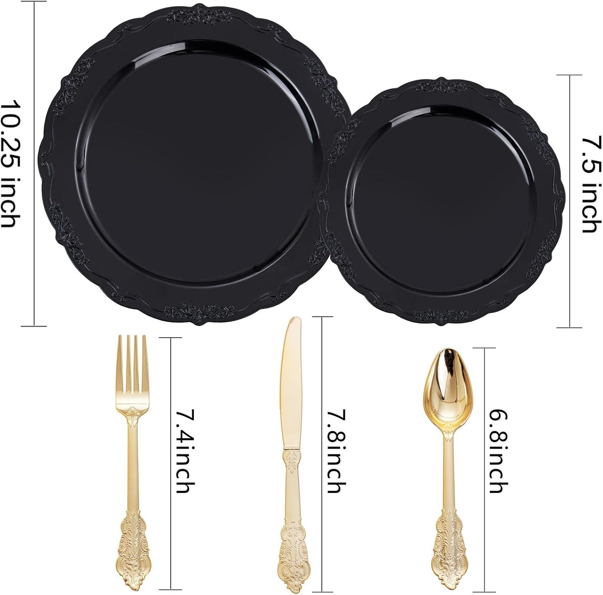DaYammi 150Pcs Black Plastic Plates & Gold Plastic Silverware Set for Party