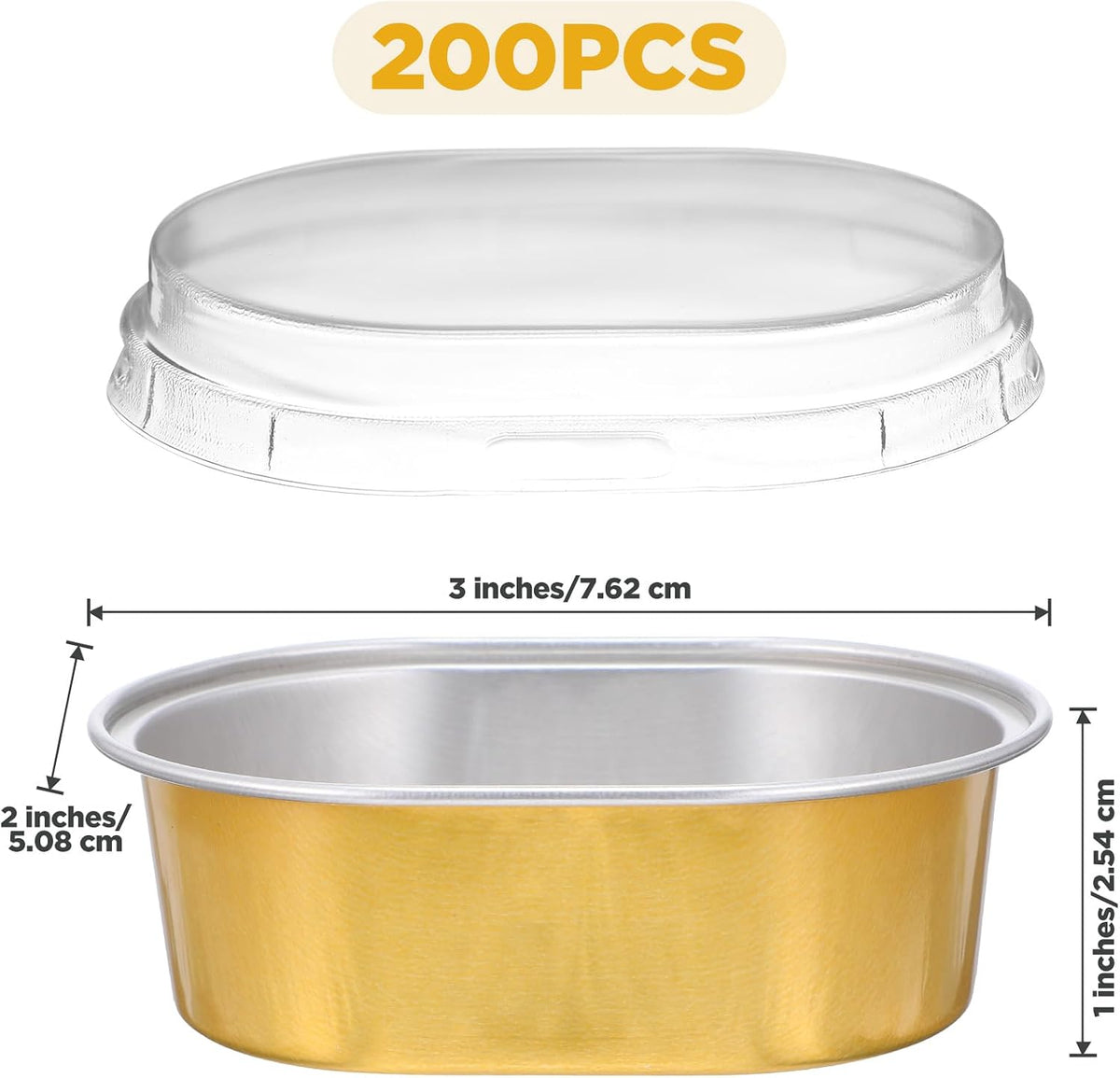 200 Pack Oval Gold Aluminum Baking Cups with Lids, 2 FL OZ Disposable Ramekin...
