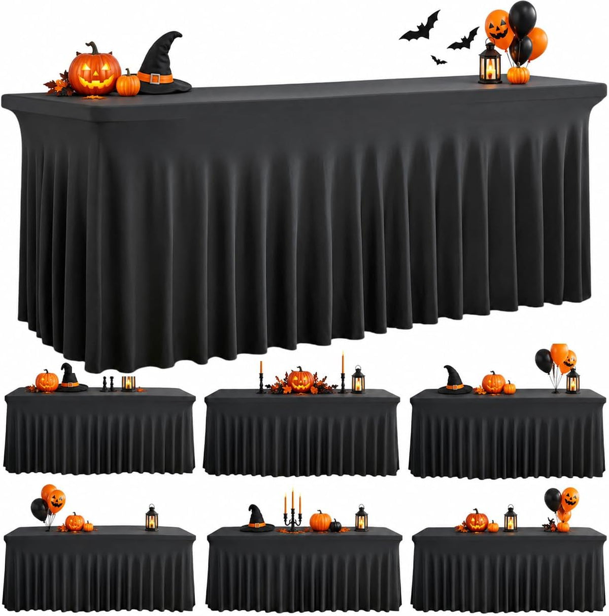 Spandex Tablecloth 6FT Rectangle Table Cover 6 Pack Black Wrinkle-Free