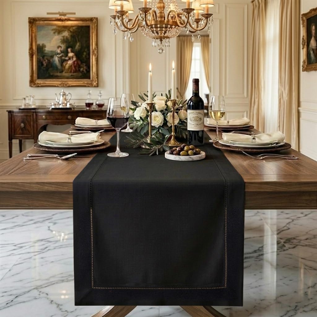 Signature Linen™ by D'Moksha, 100% Pure Linen Black Table Runner 14x120 in
