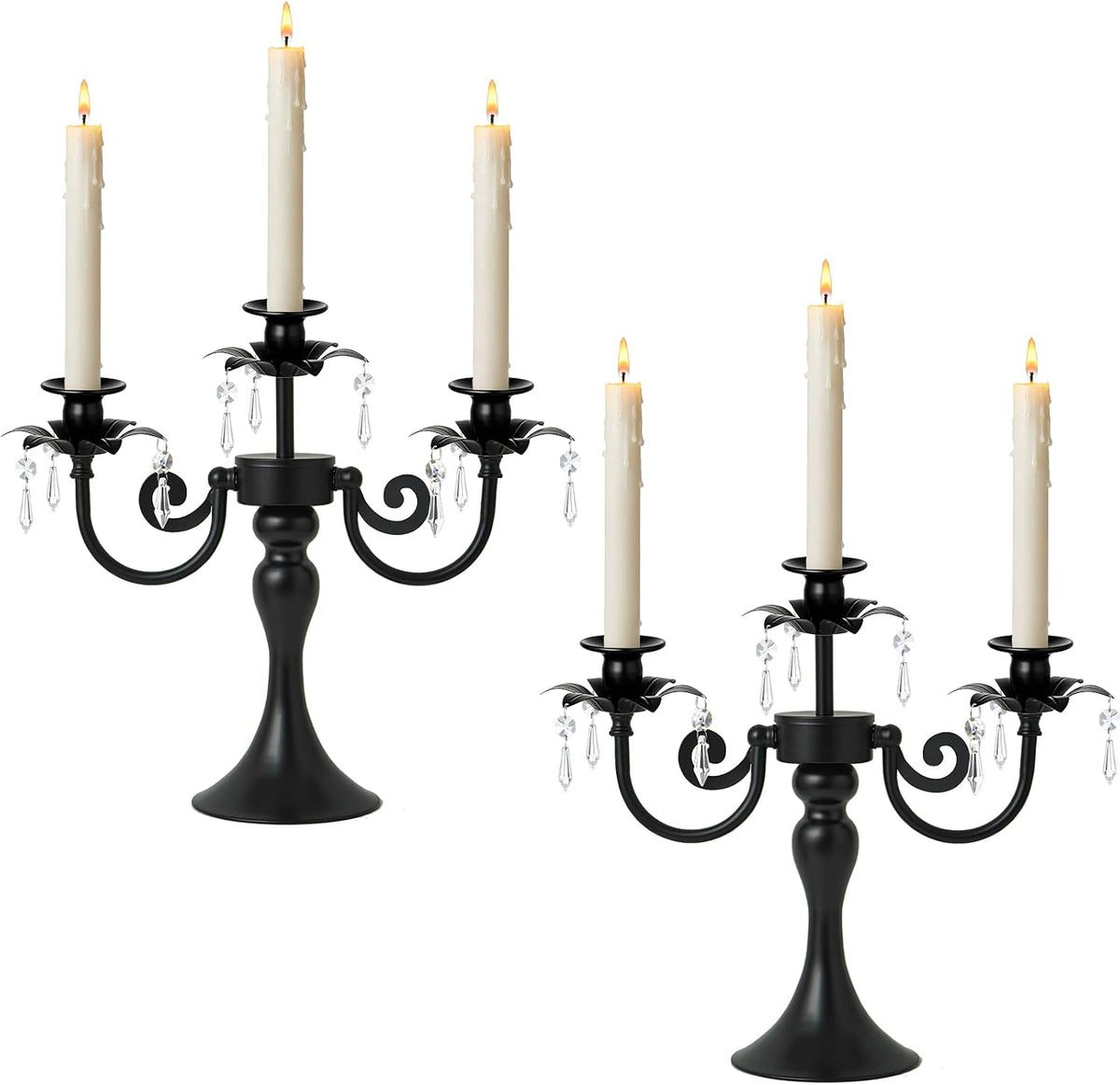 Metal 3 Arm Candelabra with Crystal Pendants - 11.8 Inch Tall Candle Holders,...