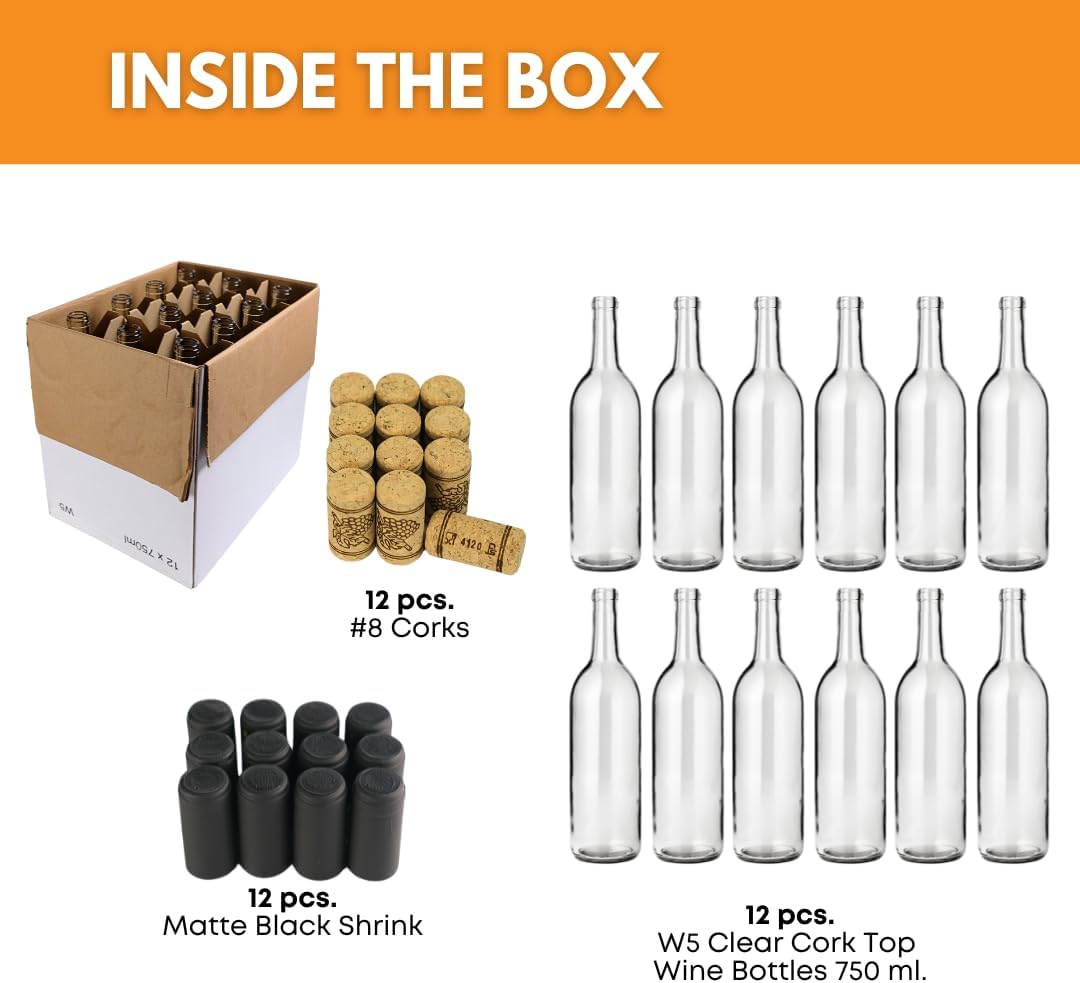 750ml Wine Bottles with Cork, Clear W5 Bordeaux, 12-Pack w/ Shrink Sleeves