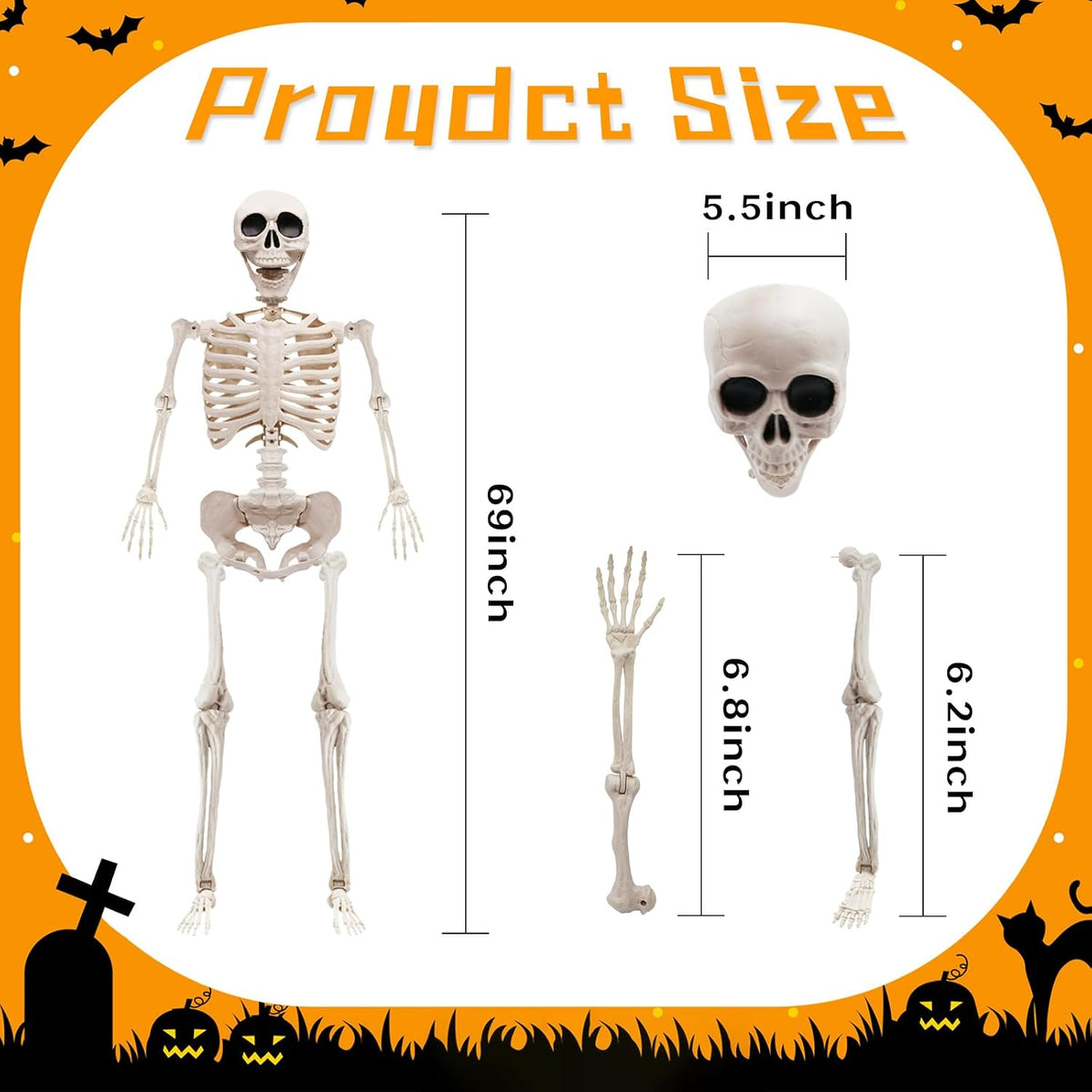 5.75ft Life Size Giant Halloween Skeleton, 69" Posable Full Body Skeleto...