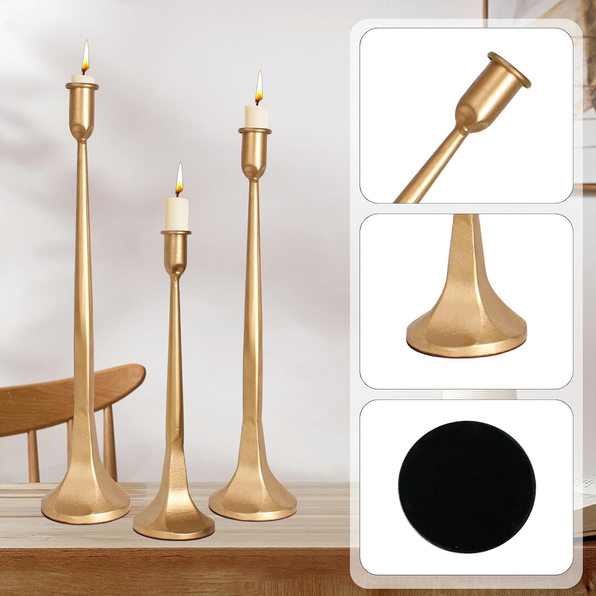 Golden Taper Candle Holders Set of 3, Tall Candlesticks