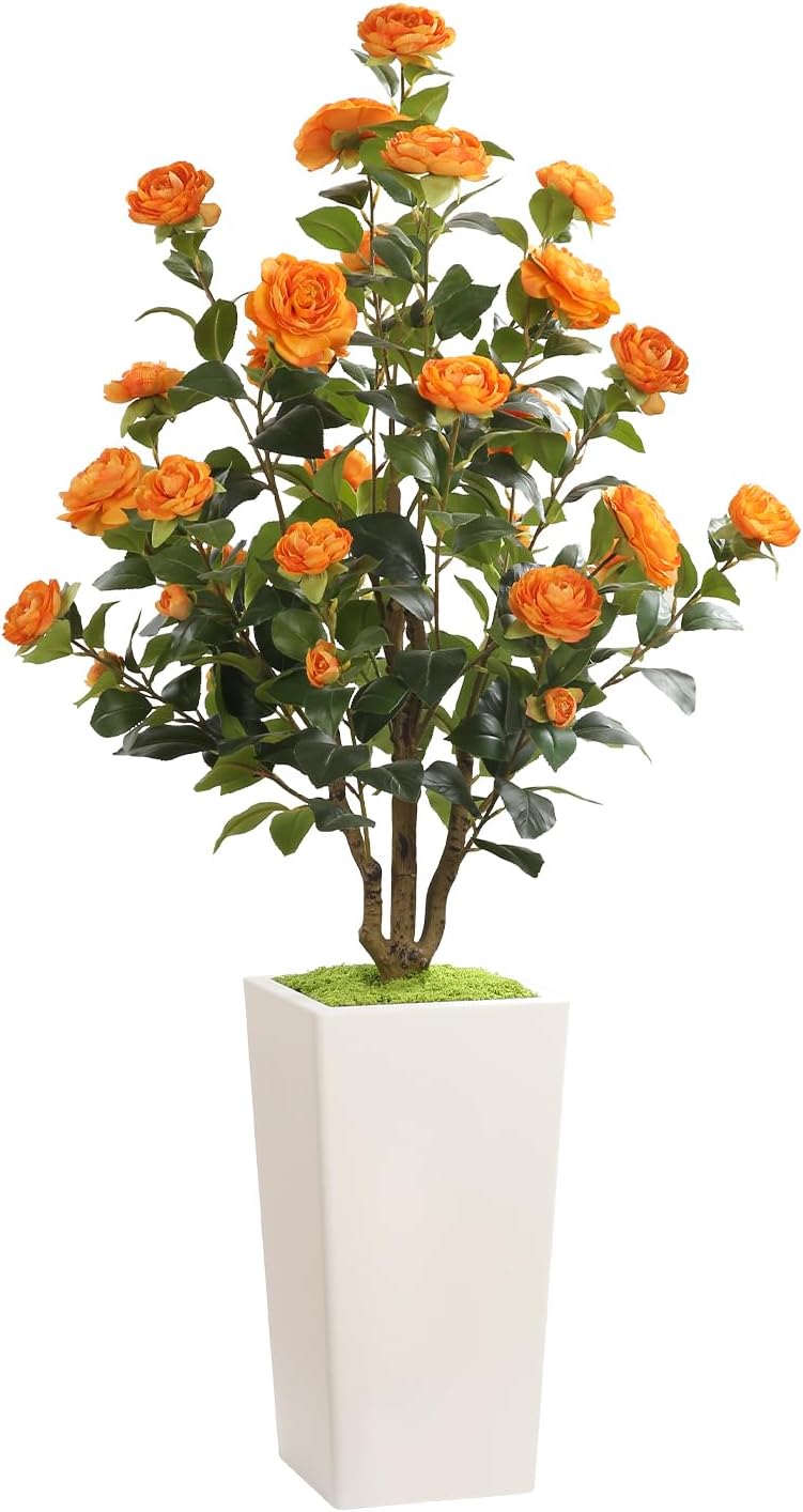Romantic Season 4FT Artificial Camellia Tree with White Tall Planter, Orange ...