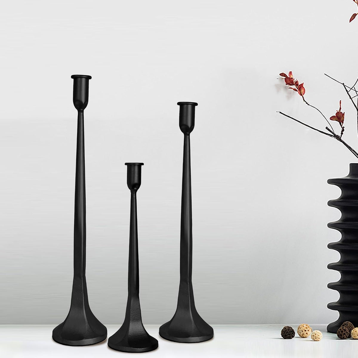 Black Taper Candle Holders Set of 3, Tall Candlesticks