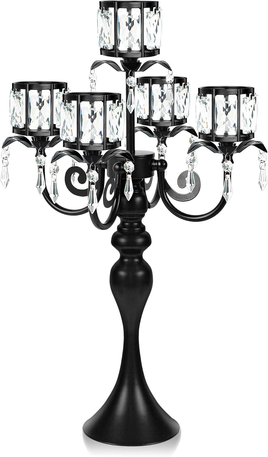 1PC Black 5-Arm Crystal Pendant Metal Candle Holder with Square Crystal Bowl,...