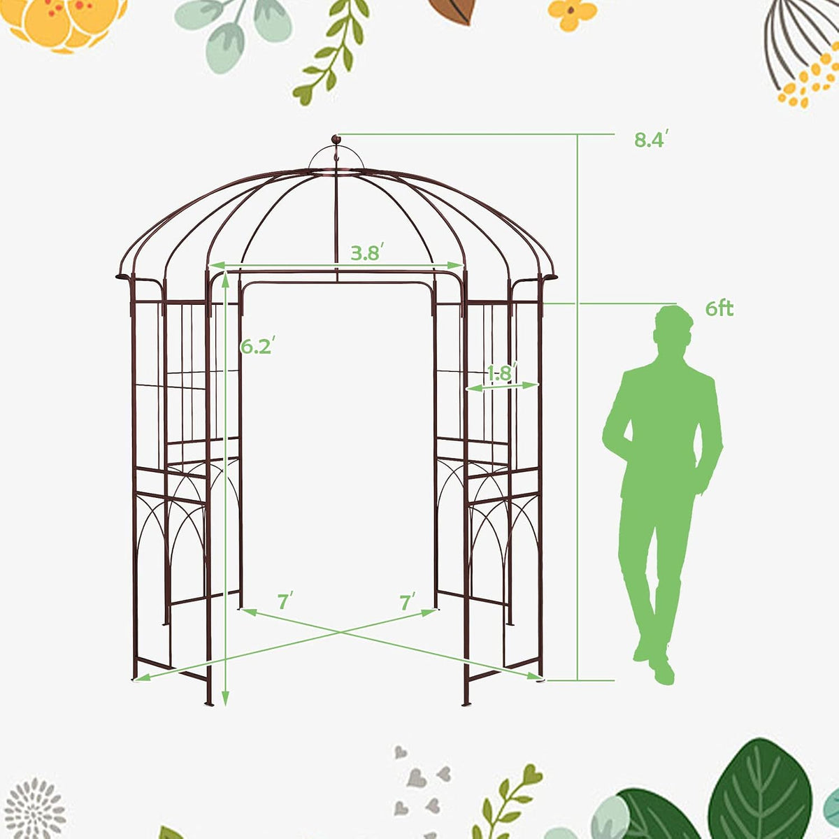 HAPPYGRILL 8.4 FT Birdcage Shape Garden Arbor with Trellis