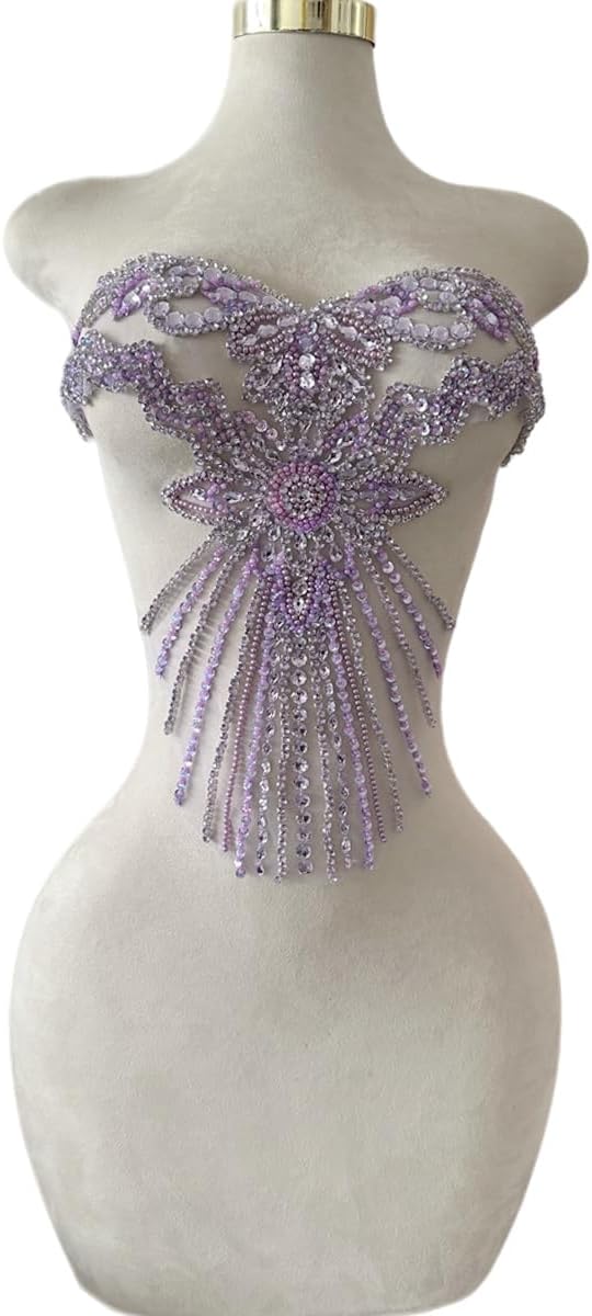 Pure Handmade Bodice lace Rhinestones Applique Sewing Stones Beads Crystal Tr...