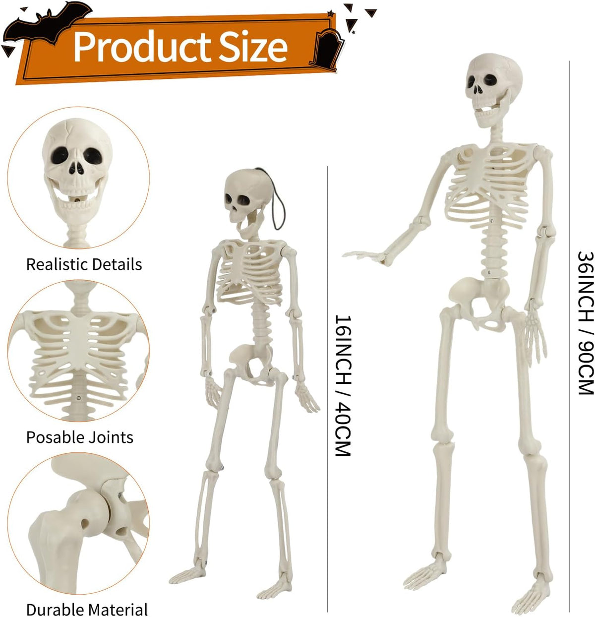 Halloween Skeleton Decorations, 2 Pack 36" Life Size Skeleton with 3 Pac...