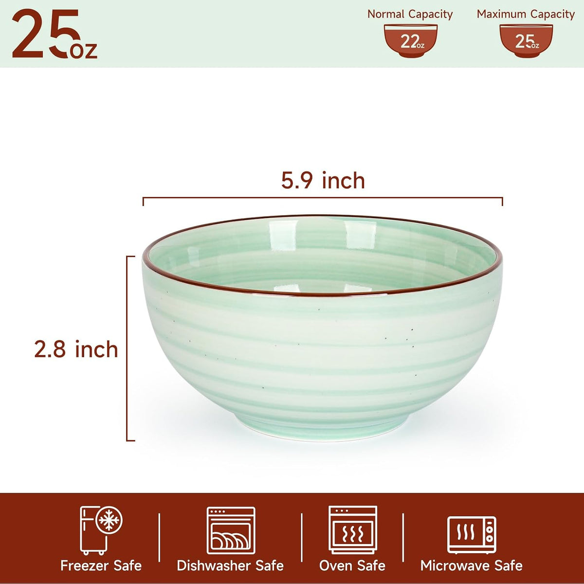 KitchenTour 24 OZ Cereal Bowls Set of 6, Ceramic Soup Bowls for Kitchen, 5.9 ...
