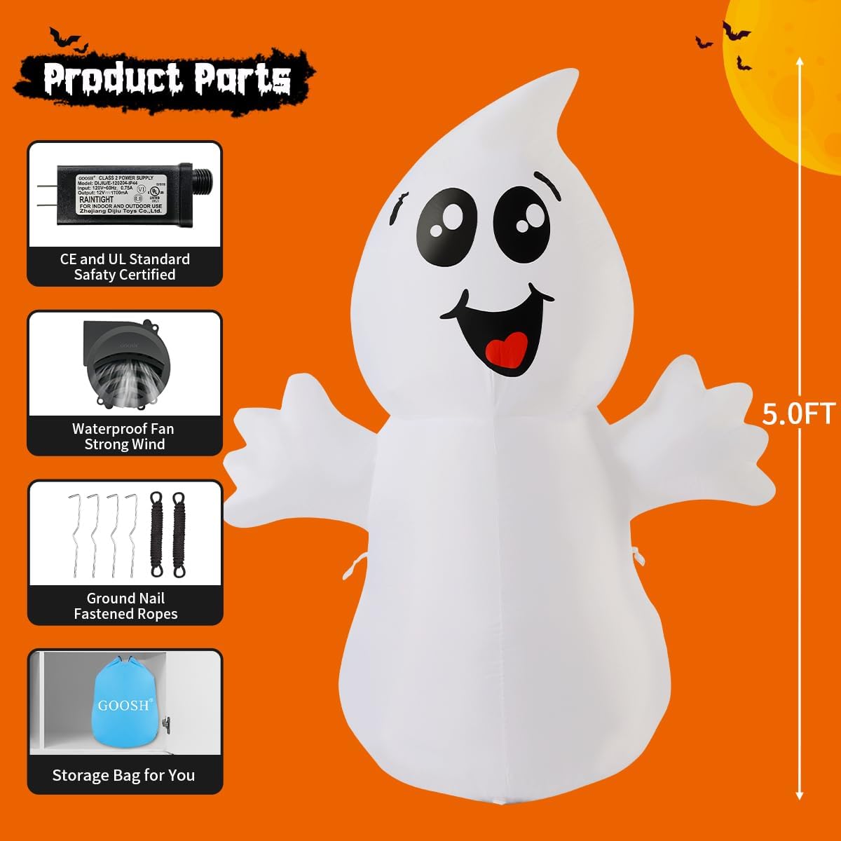 GOOSH 5 FT Halloween Inflatable Ghost Outdoor Decoration with Magic Light, Bl...