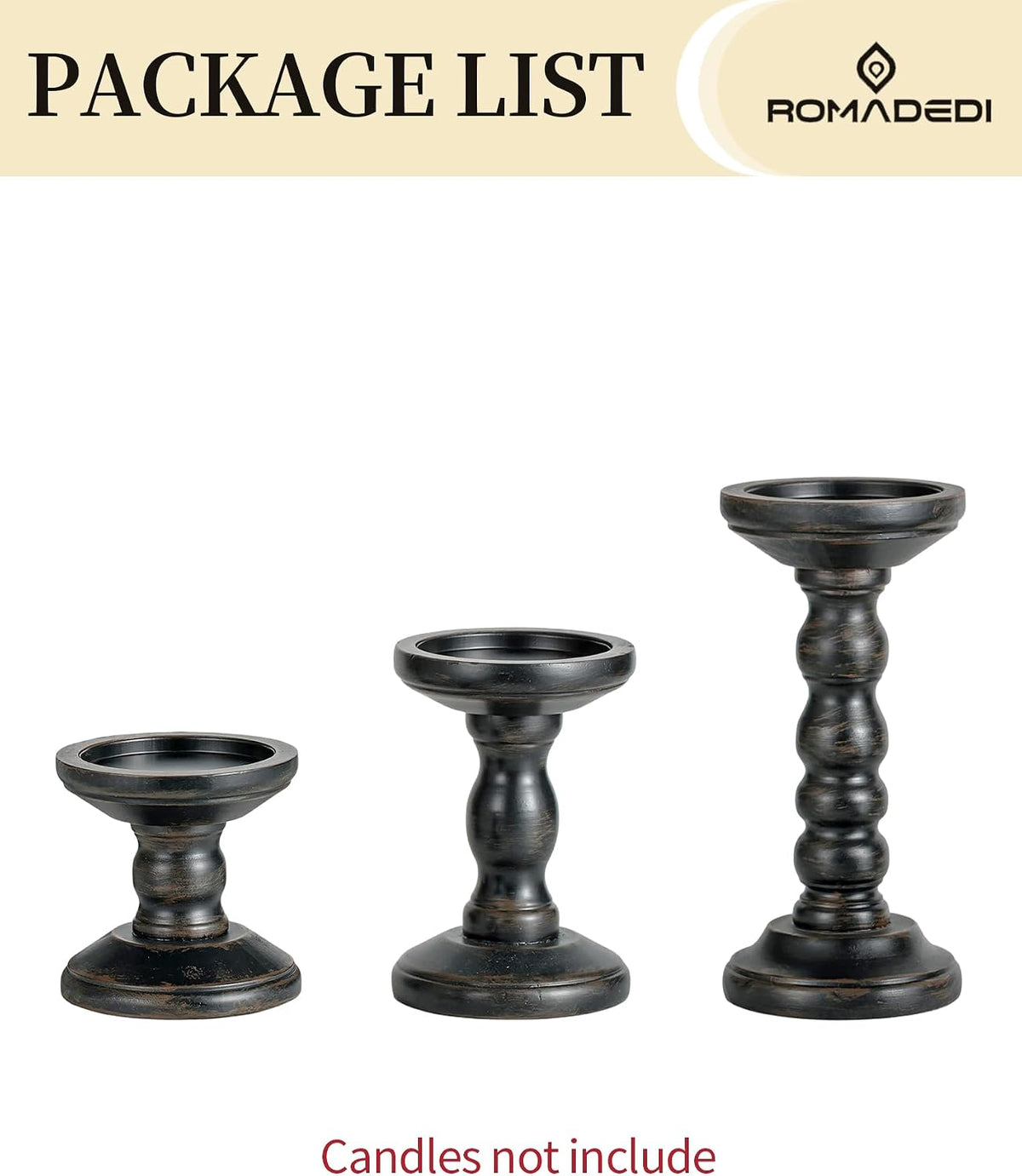 Romadedi Solid Wood Pillar Candle Holder, Black, Set of 3, 8.3/5.9/3.9-in