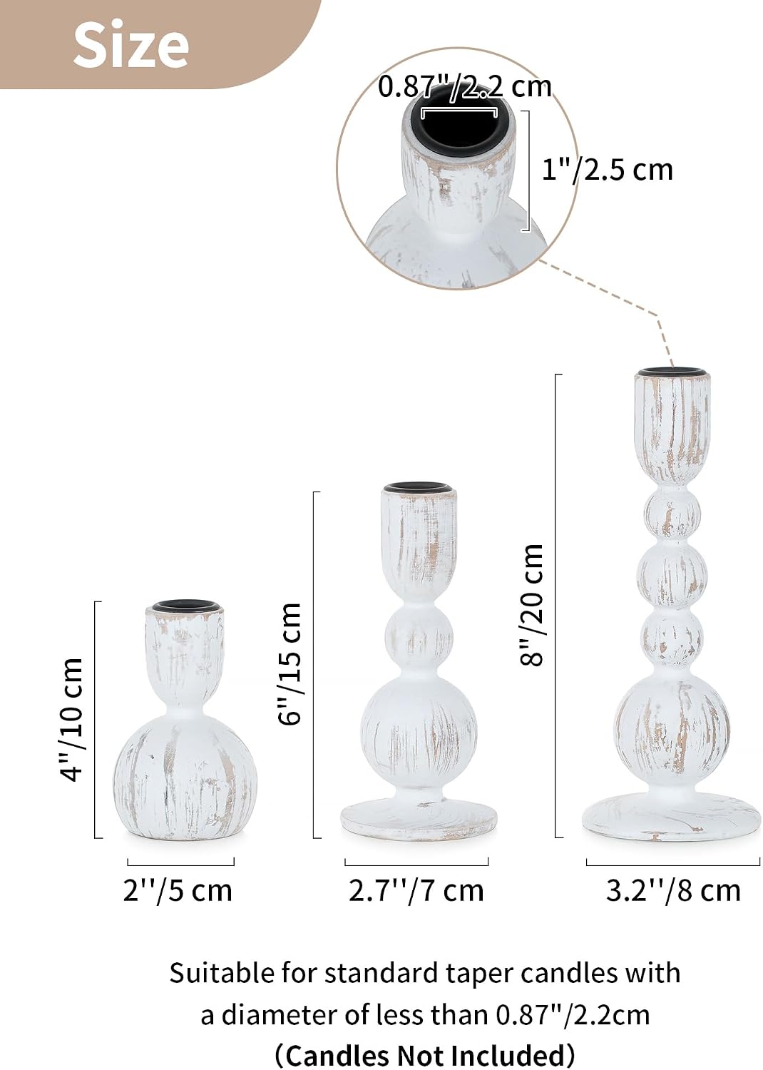 NUPTIO Wooden Taper Candle Holders, Set of 6 White Candlesticks
