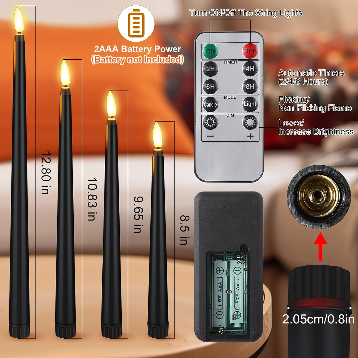 Rossesay 16 Pcs Black Flameless Taper Candle with Remote Timer