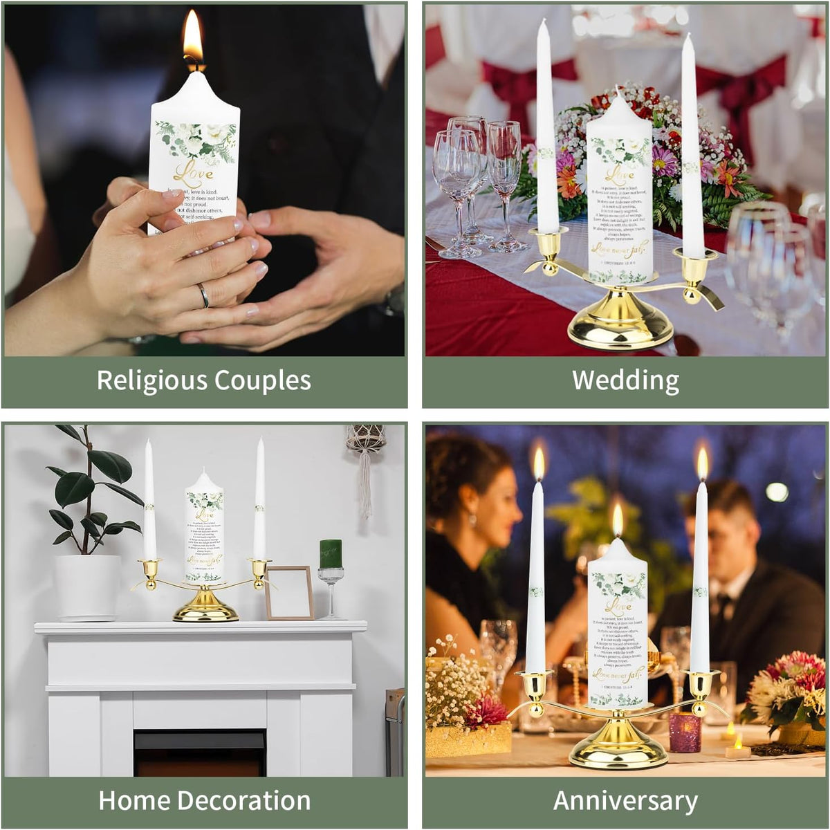3 Unity Floral Candles for Wedding Ceremony Set with Golden Holder, Wedding A...