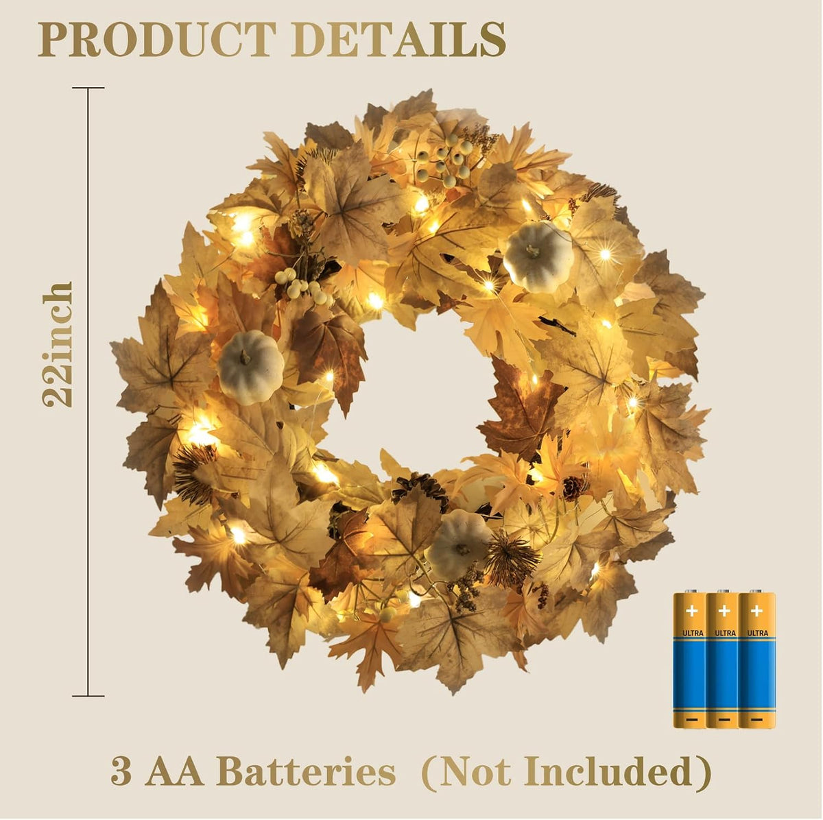 Realistic Fall Wreath with Lights, 22" Fall Wreaths for Front Door with ...