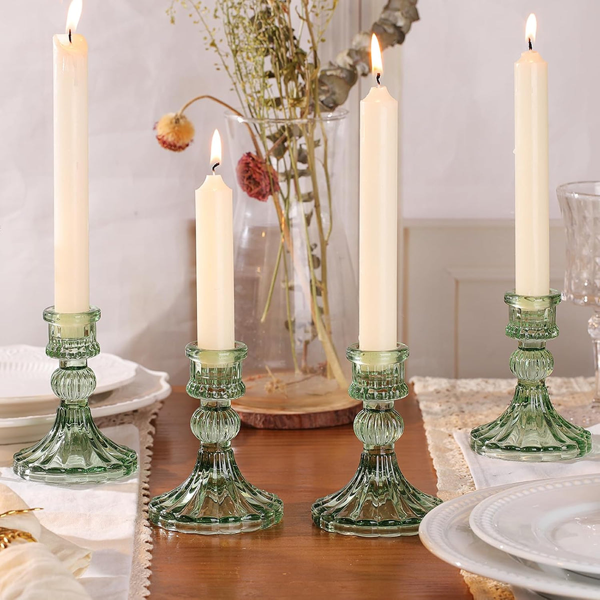 12PCS Green Candlestick Holders Set- 4" H Taper Candle Holders, Glass Ca...