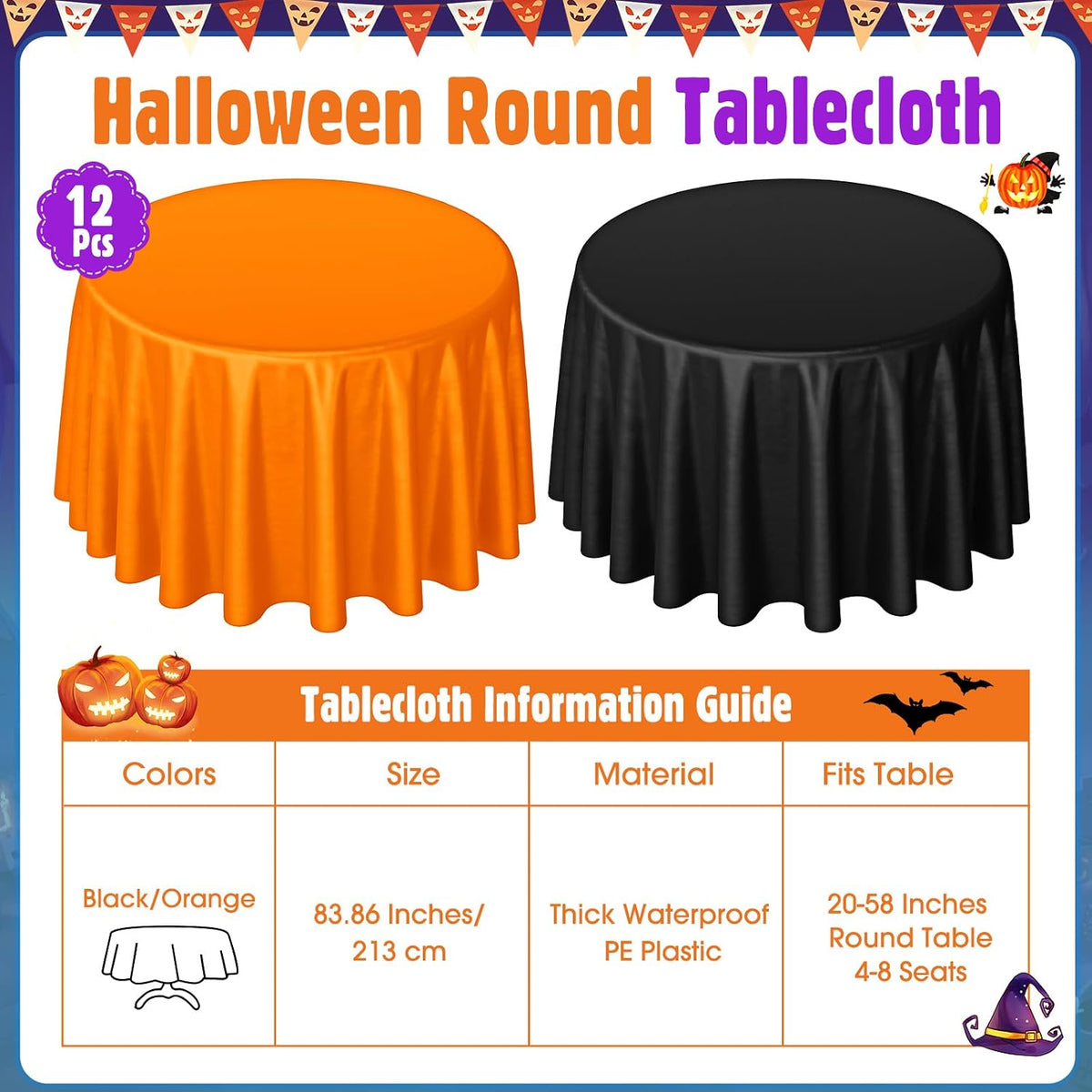 Buryeah12 Pcs 84 Inch Halloween Round Plastic Tablecloths, Black and Orange