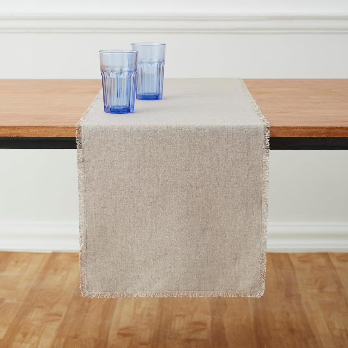 Solino Home 100% Pure Linen Table Runner Natural Long, Fringe 14 x 108 in