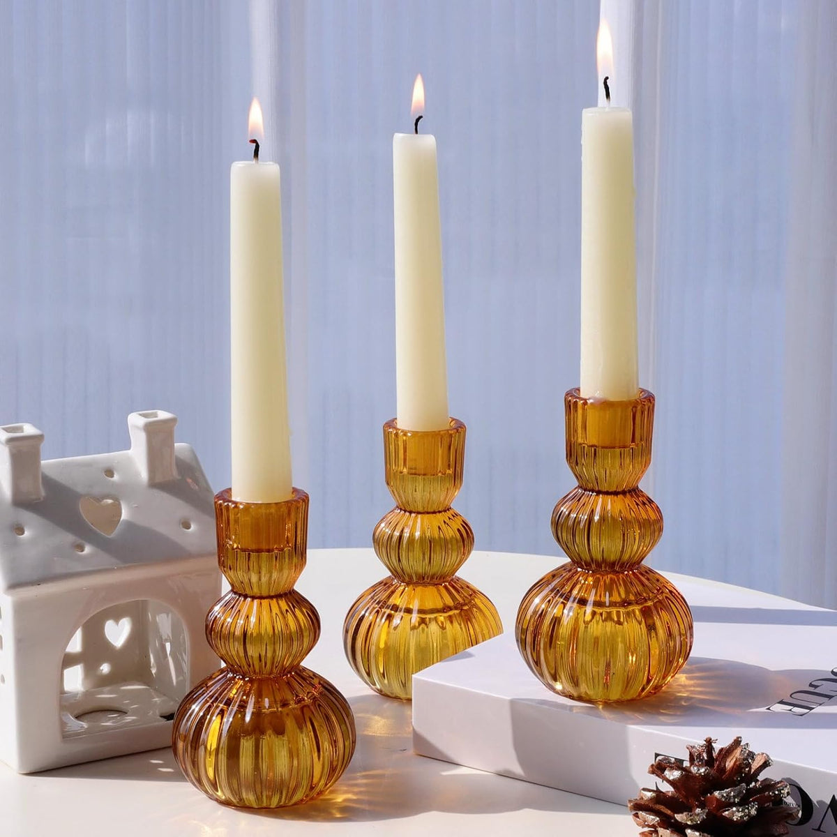 Woho Amber Candlestick Holders Set of 6 4.3" H for Thanksgiving/Fall Decor