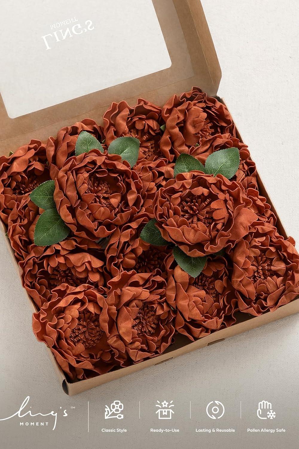 Ling's moment Burnt Orange Artificial Peony Flowers with Stems, 16 pcs