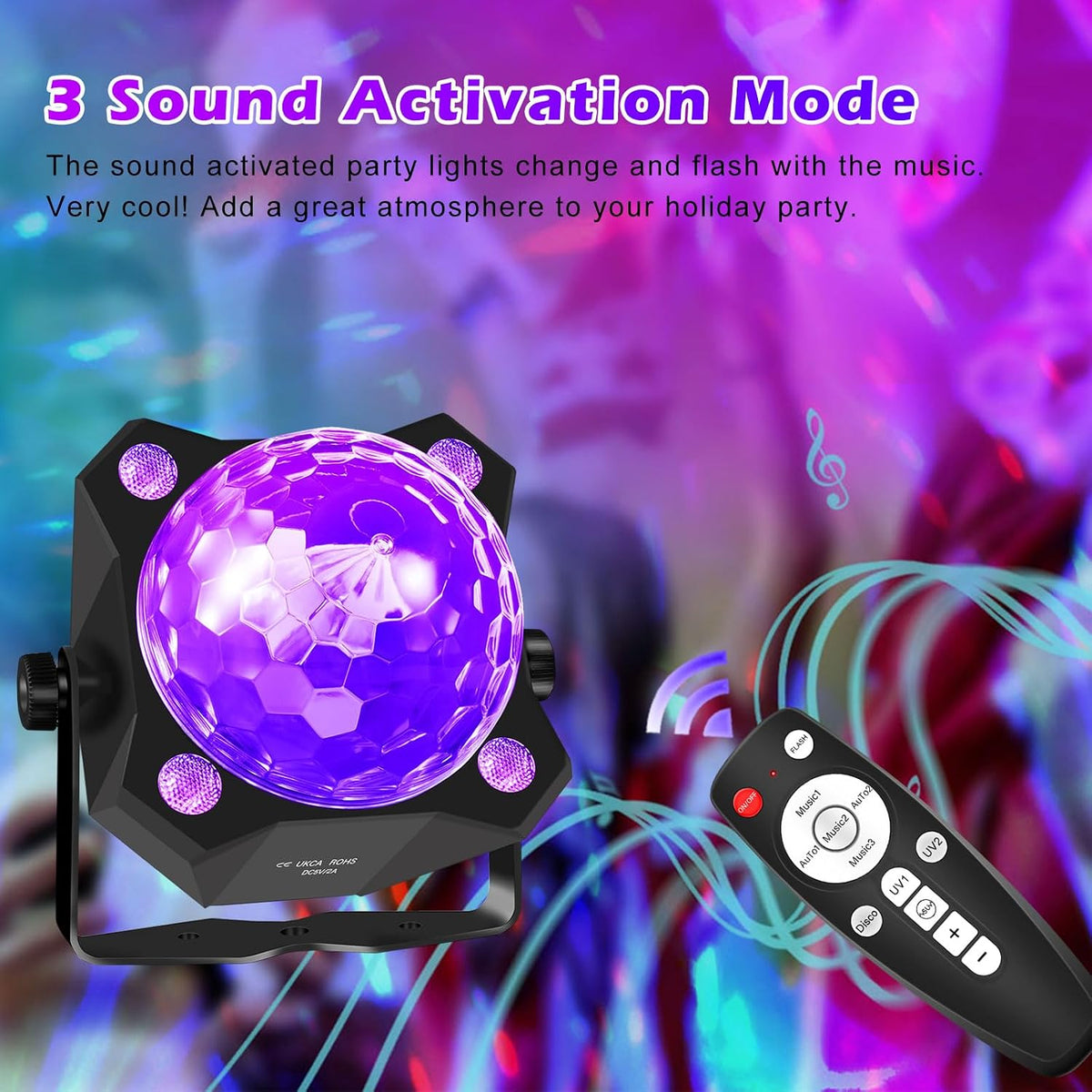 2 in 1 Glow Party Black Light Disco Ball Light with Sound Activated Strobe Dj...