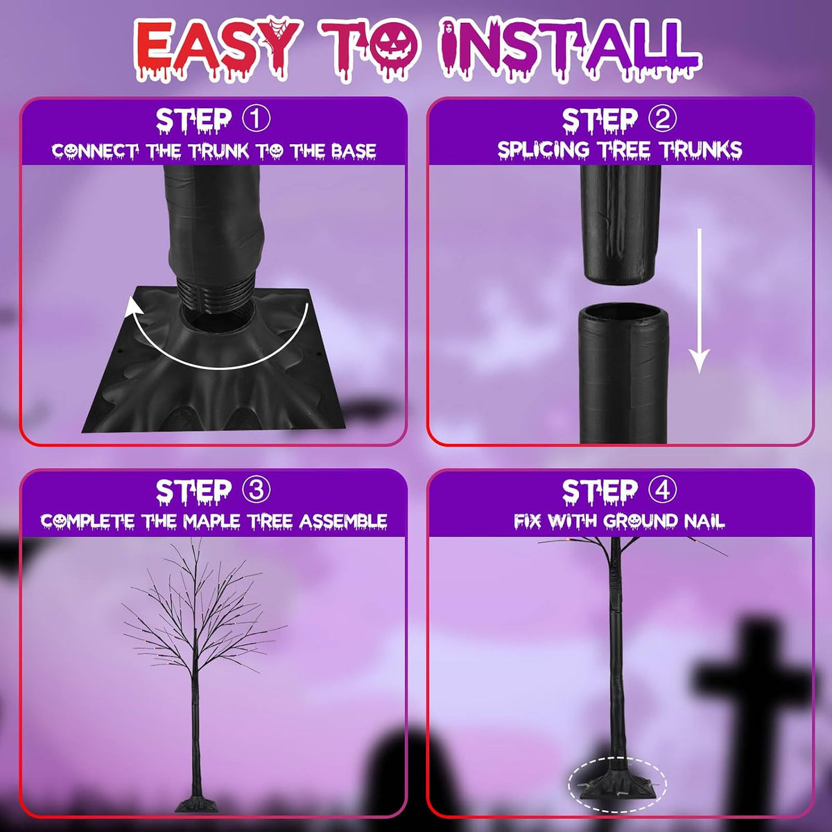 2 Pack 4FT Halloween Lighted Black Tree with 100 LED Orange & Purple Lights