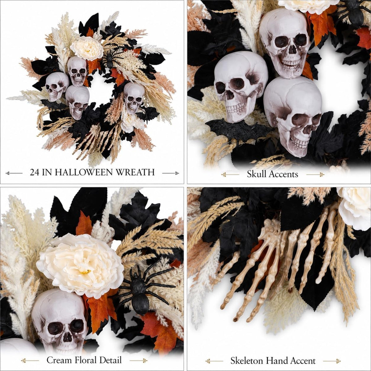 24" Halloween Wreath for Front Door with Artificial Skulls, Wheat, Maple...