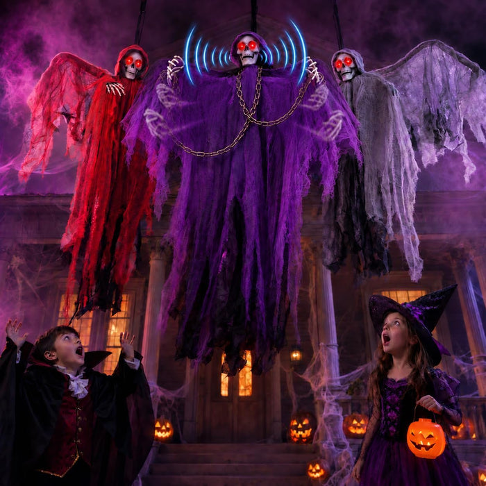 71" Halloween Hanging Skeleton Ghosts with Moving Grabbing Arm, Scary Sound & Glowing Red Eyes, 3 Pack Halloween Decorations Outdoor Flying Grim Reaper Set for Yard Porch Haunted House Props Décor
