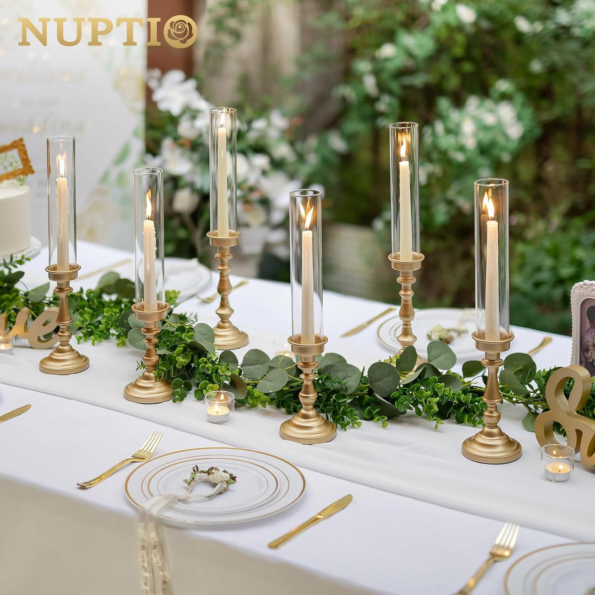 NUPTIO Hurricane Candle Holders, Set of 6 Gold Taper Holders with Glass