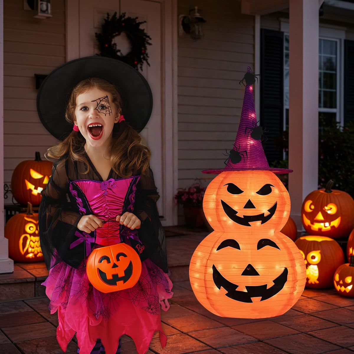 Collapsible Light up Pumpkin Halloween Decorations Outdoor, 3FT Plastic Pre-l...