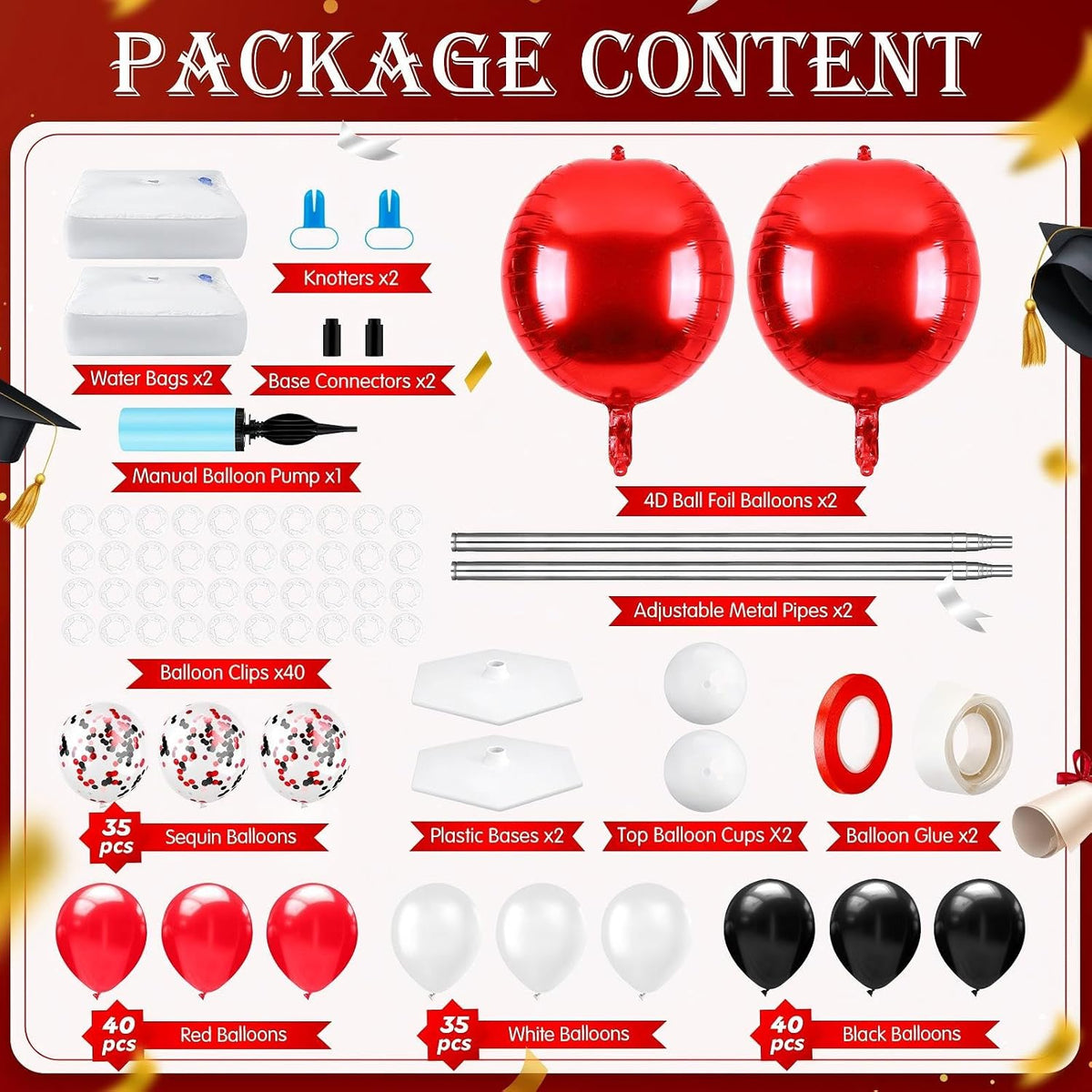 2 Sets Red Black and White Balloon Column Stand Kit, Adjustable Floor Balloon...