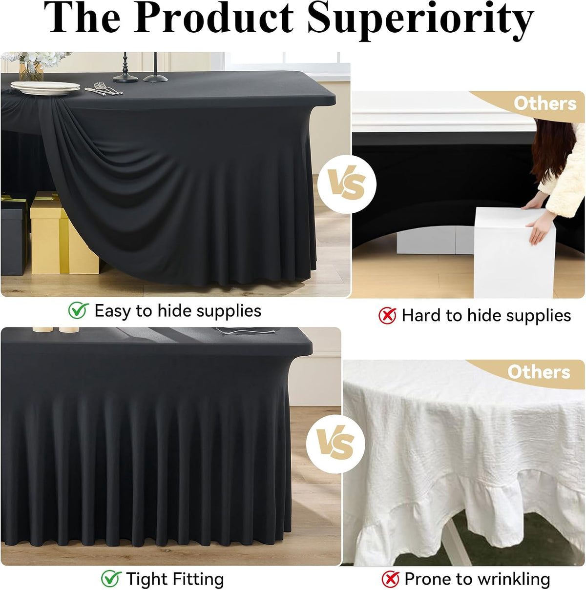 8ft Black Spandex Tablecloth for Rectangle Tables, 2 Pack for Wedding Party