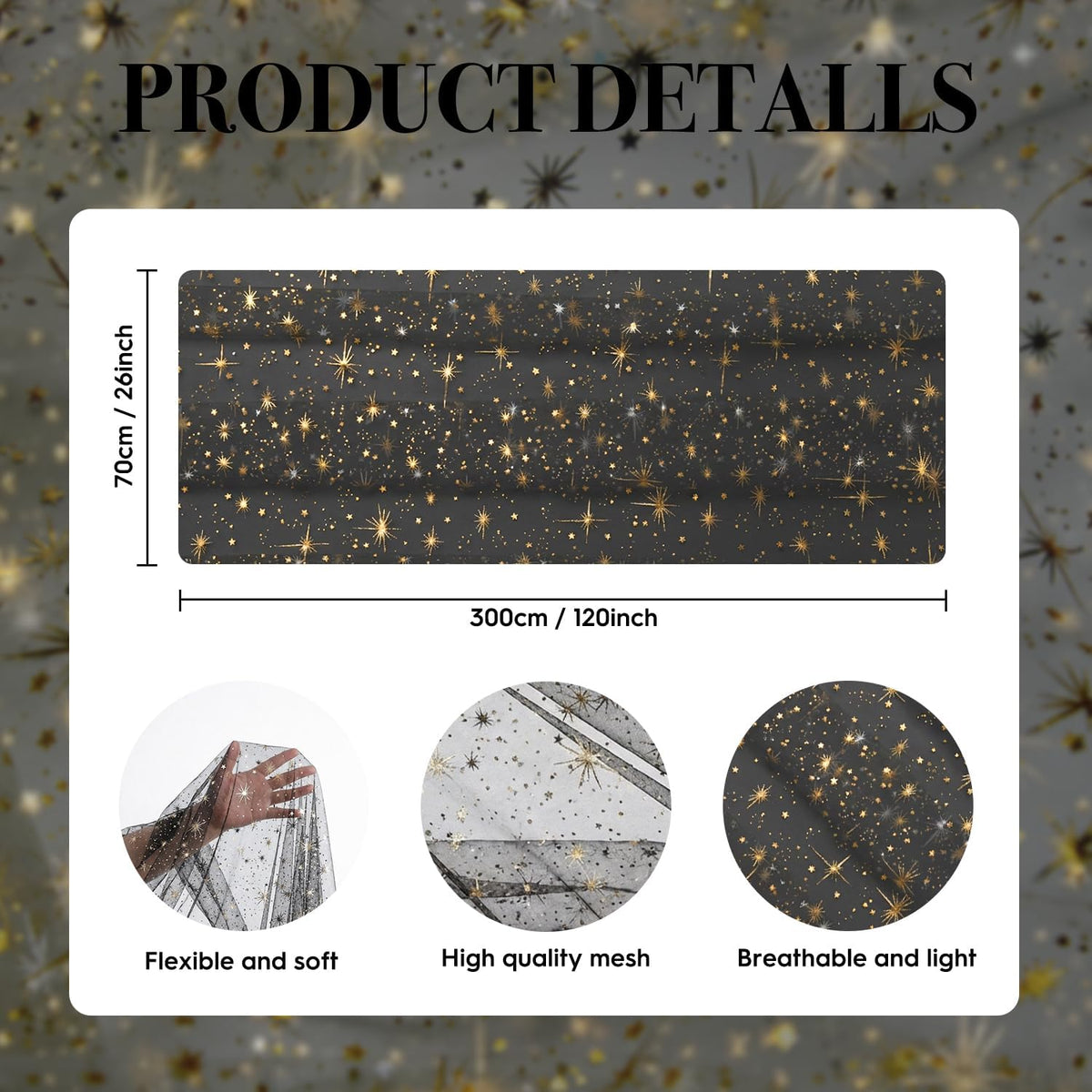 Artoid Mode 10PC Gold Stars Black Gauze Table Runner 120 Inch 10FT, Reversibl...