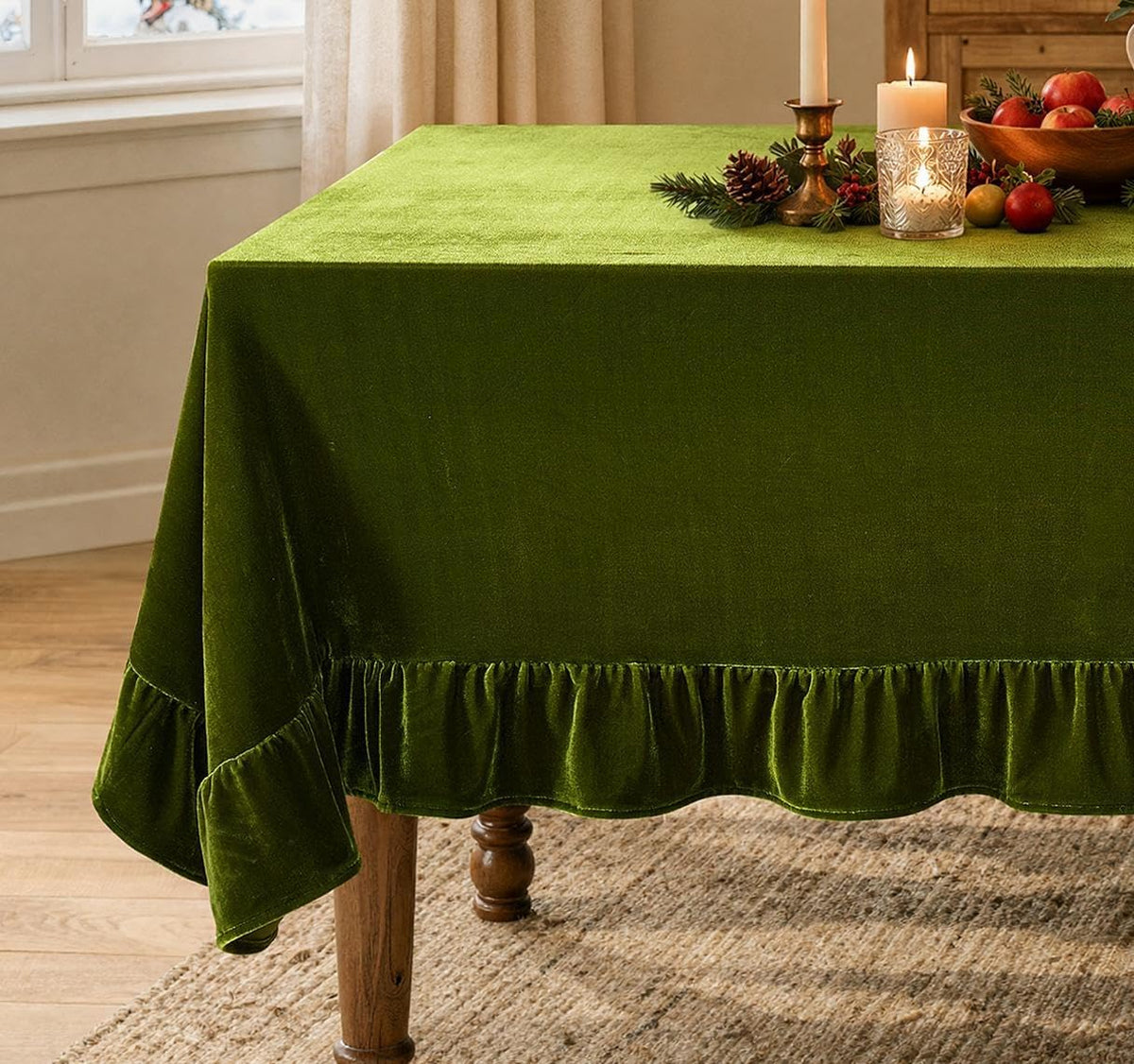 MIULEE Rectangle Velvet Ruffle Tablecloth 60x102 Inch Christmas Olive Green