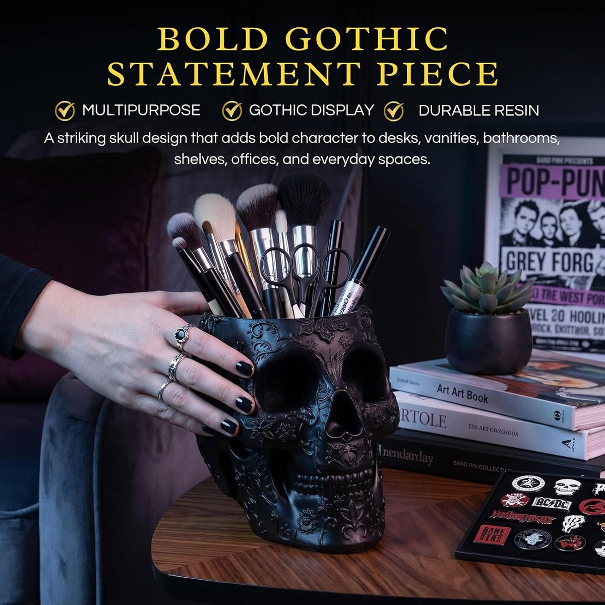 Skull Makeup Brush Holder, Pen Holder, Vanity, Desk, Office Organizer, Statio...