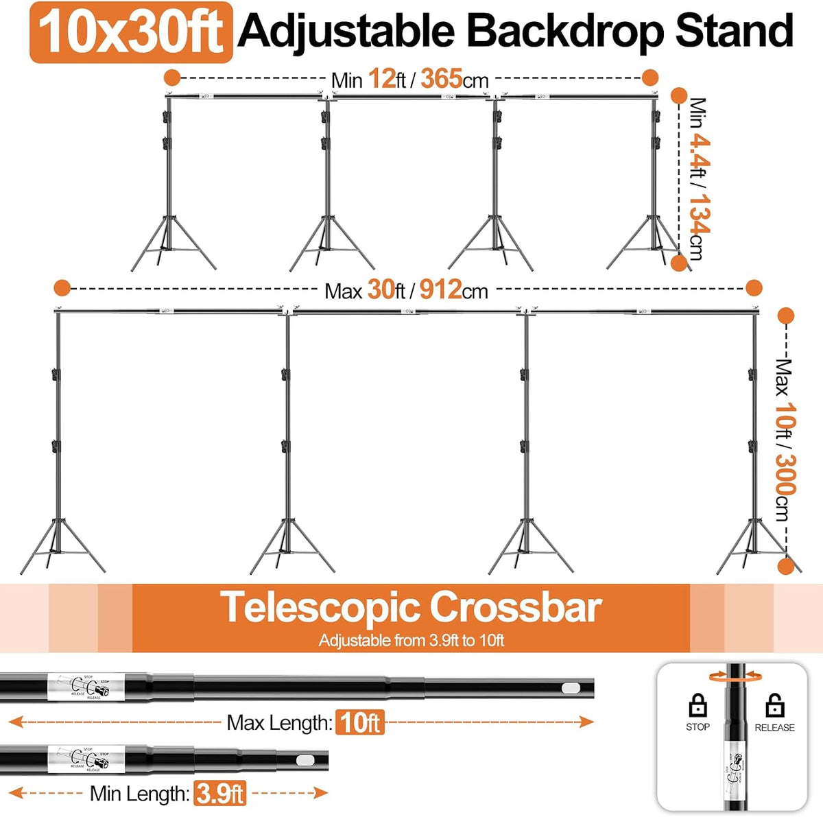 FUDESY Backdrop Stand Heavy Duty, 10x30ft Adjustable Photo Backdrop Stand