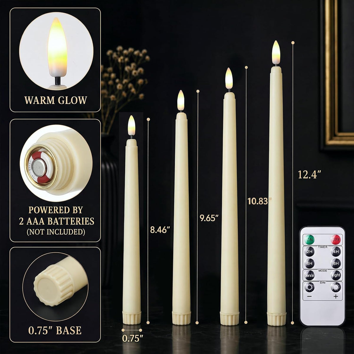 Tuanse 20 Pcs LED Flameless Taper Candles with Remote Timer, 8.46", Beige