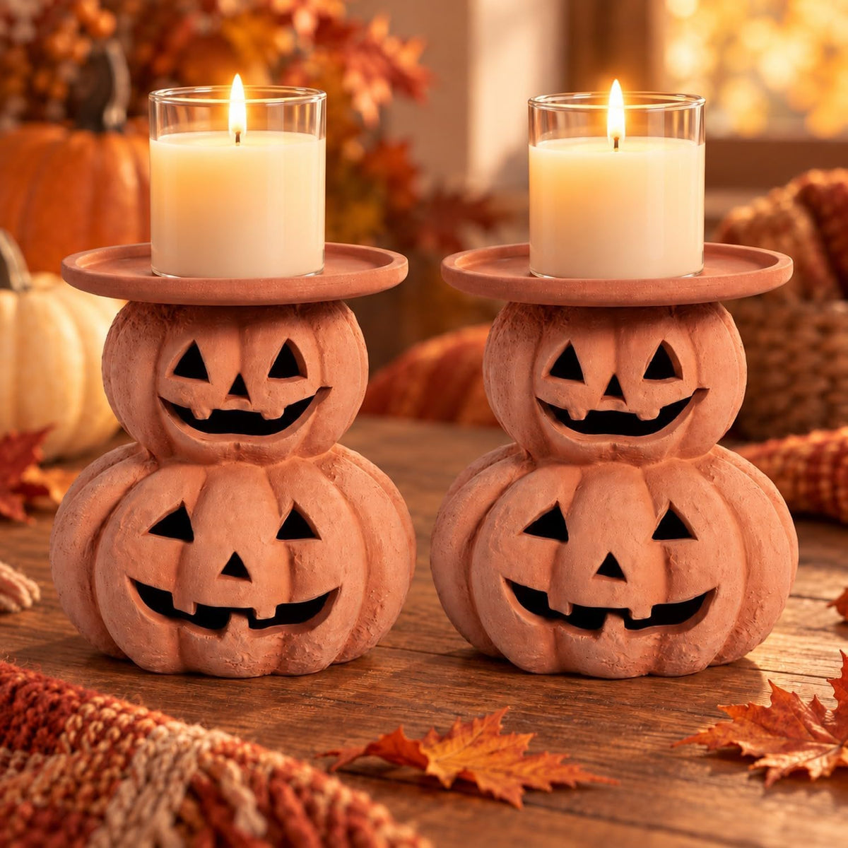 2 Pcs Halloween Terracotta Pumpkin Candle Holder Jack O Lantern Table Decor