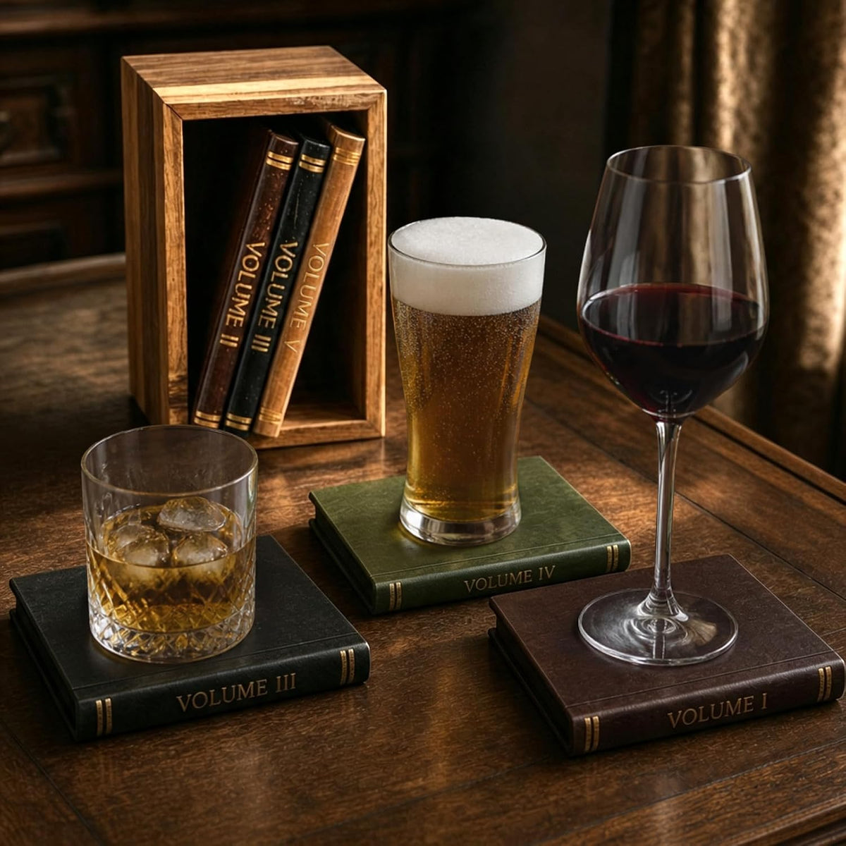 Book Coasters Set of 6 | Wood Coasters - Book-Style Decorative Wooden Coaster...
