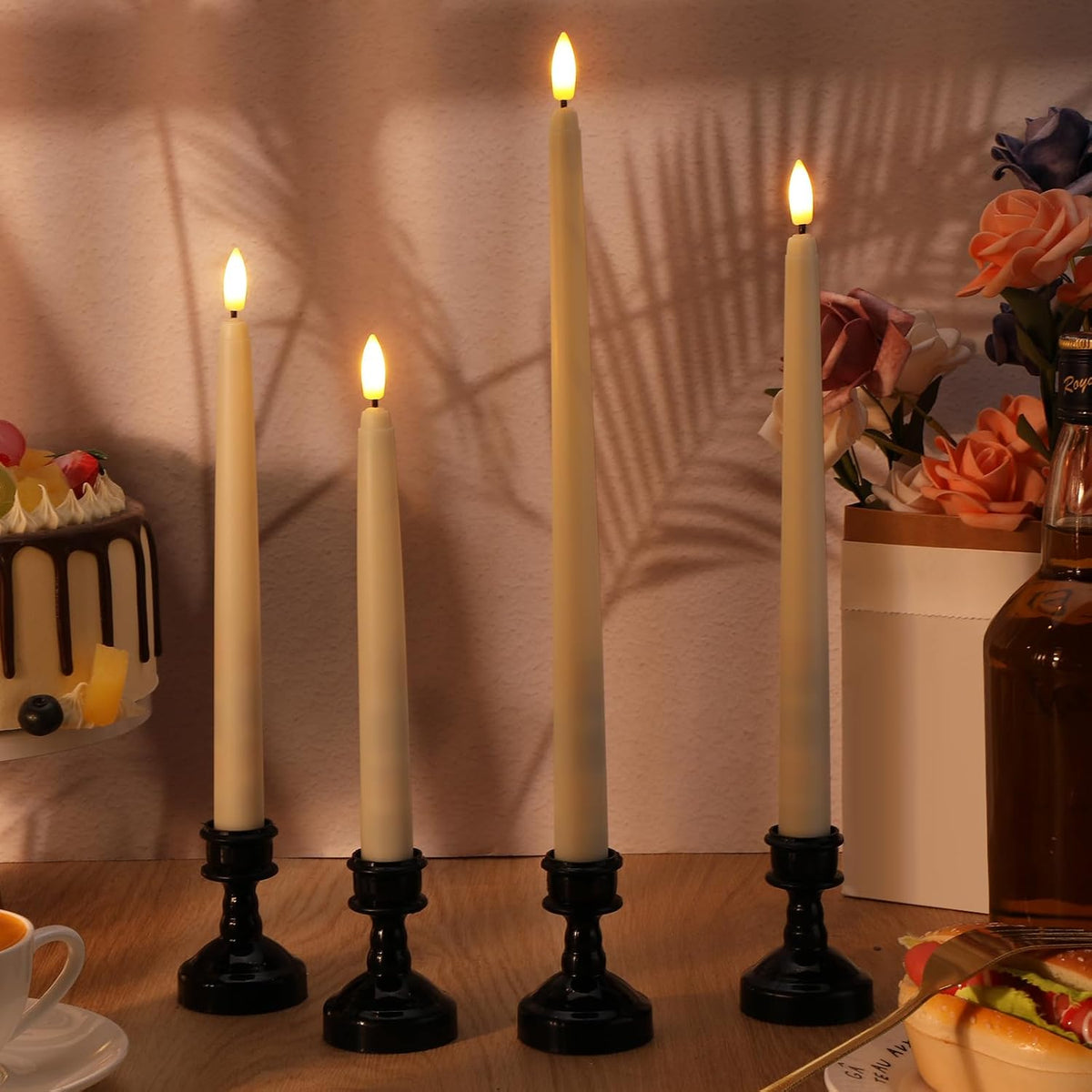 Rossesay 12 Pcs LED Taper Candles Holders, Black Holder & Ivory Candles