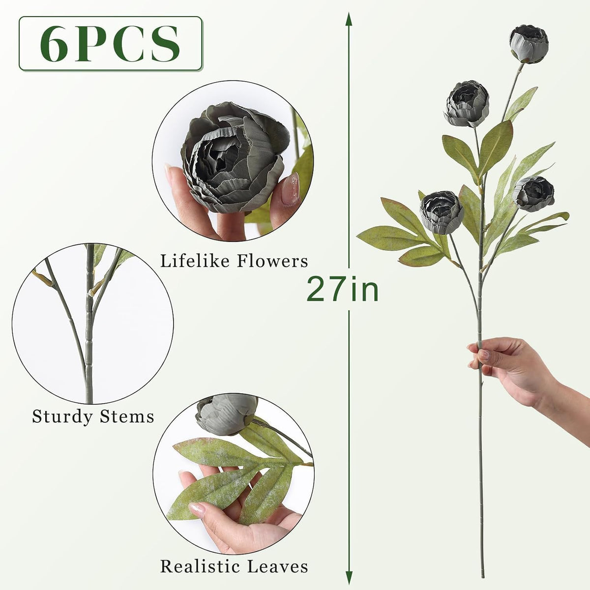 6 Pcs 27" Faux Silk Peony Artificial Flowers Stems for Vase (Dark Gray)