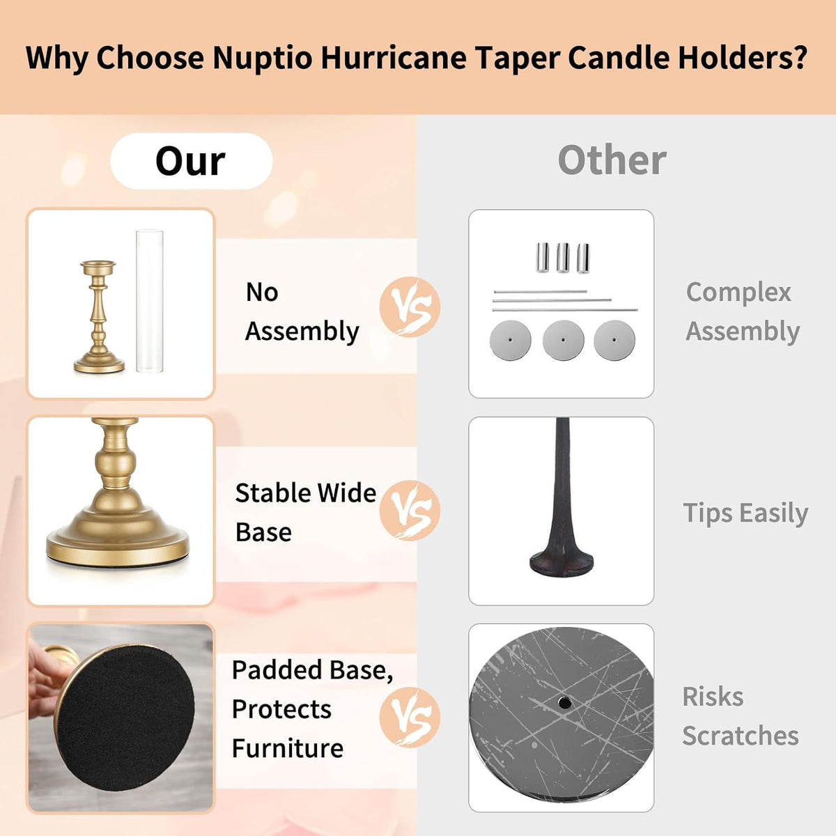 NUPTIO Hurricane Candle Holders, Set of 6 Gold Taper Holders with Glass