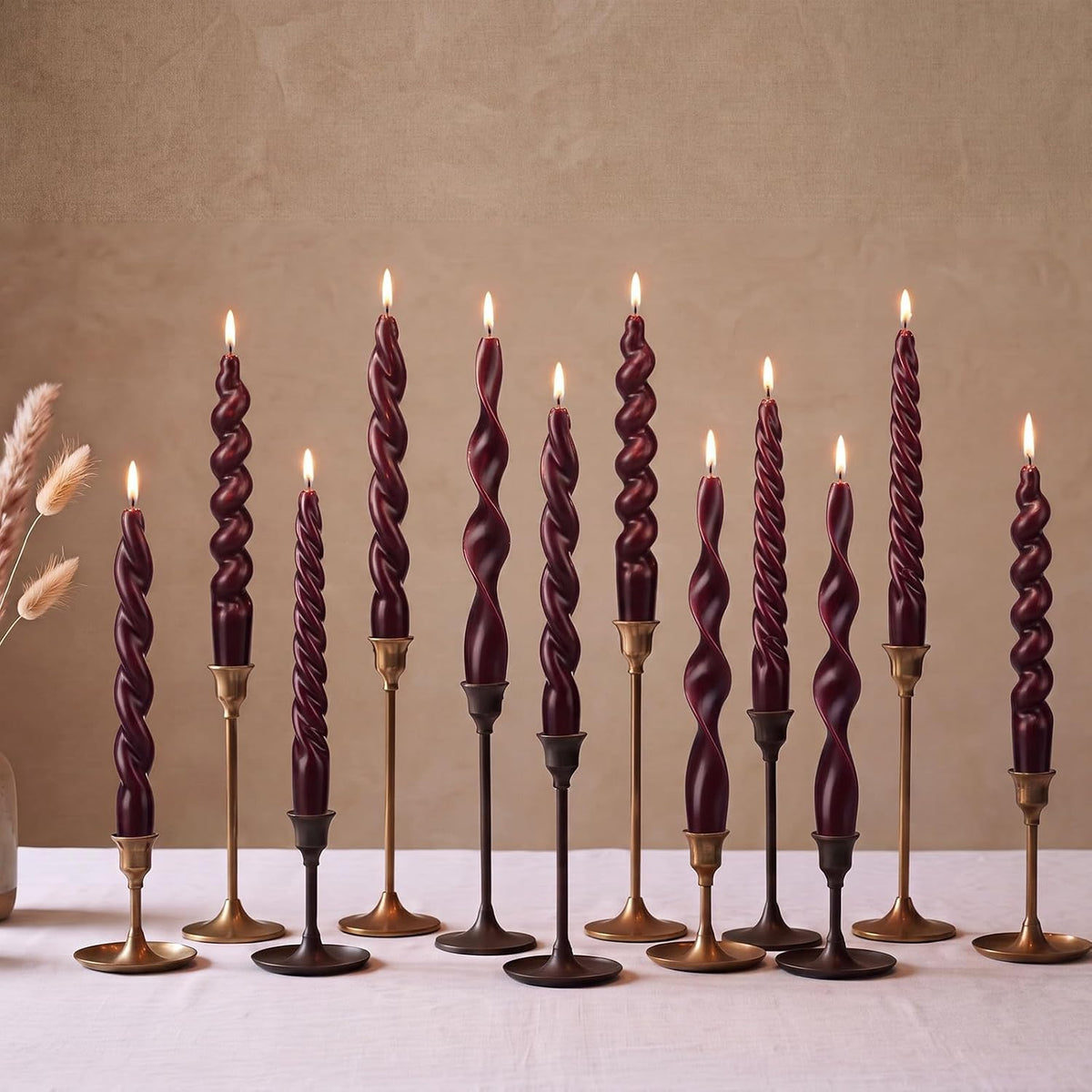 Nuanchu 12 Pcs Burgundy Spiral Taper Candles 7.5" Red Twisted Candlesticks