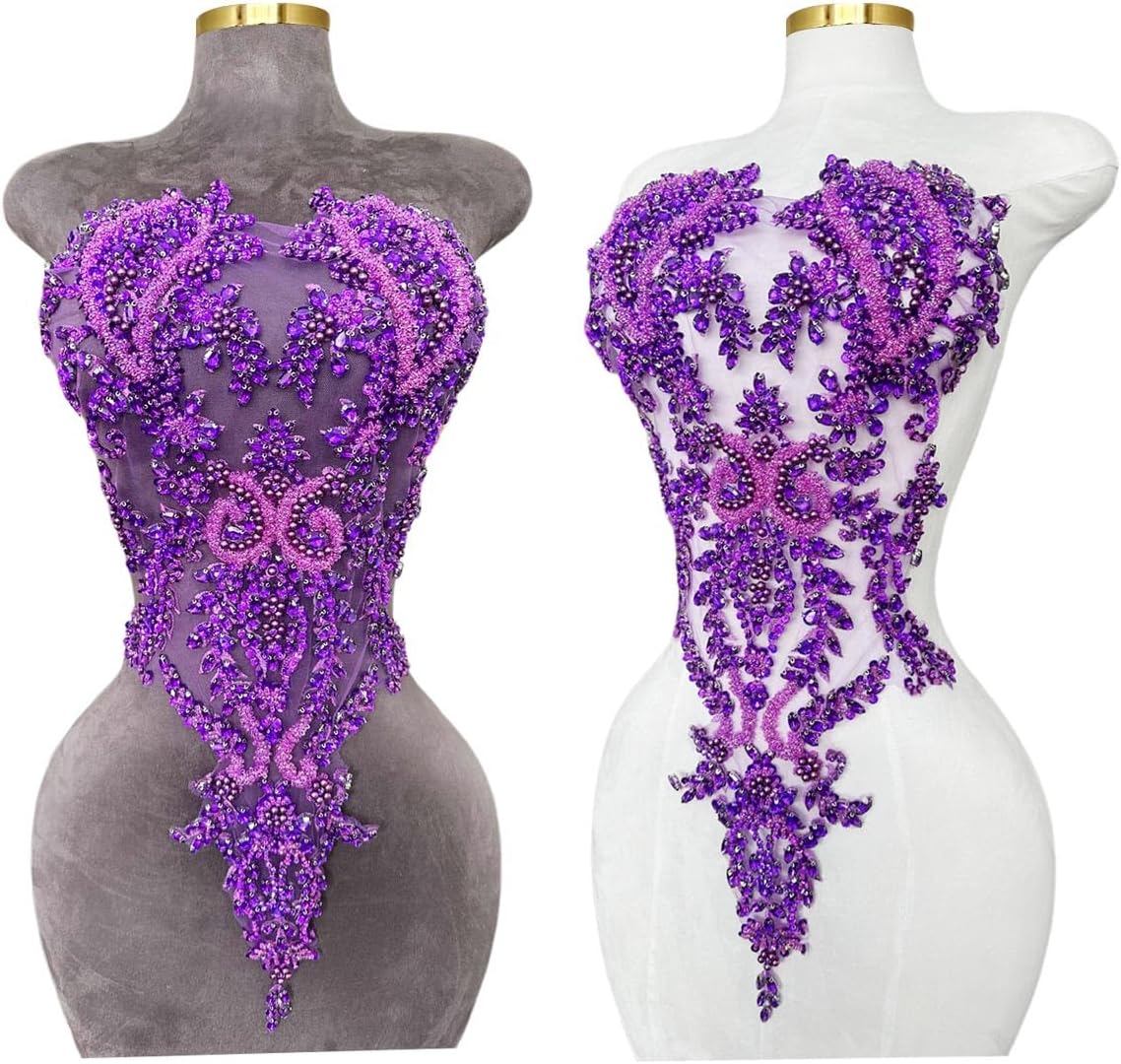 Handmade Rhinestones Lace Bodice Applique Sew on Beads Sequins Trimming Patch...