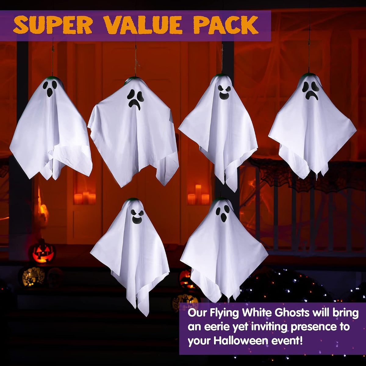 JOYIN 6 Pcs Halloween Decorations Outdoor Hanging Ghost, 19.6” White Flying G...