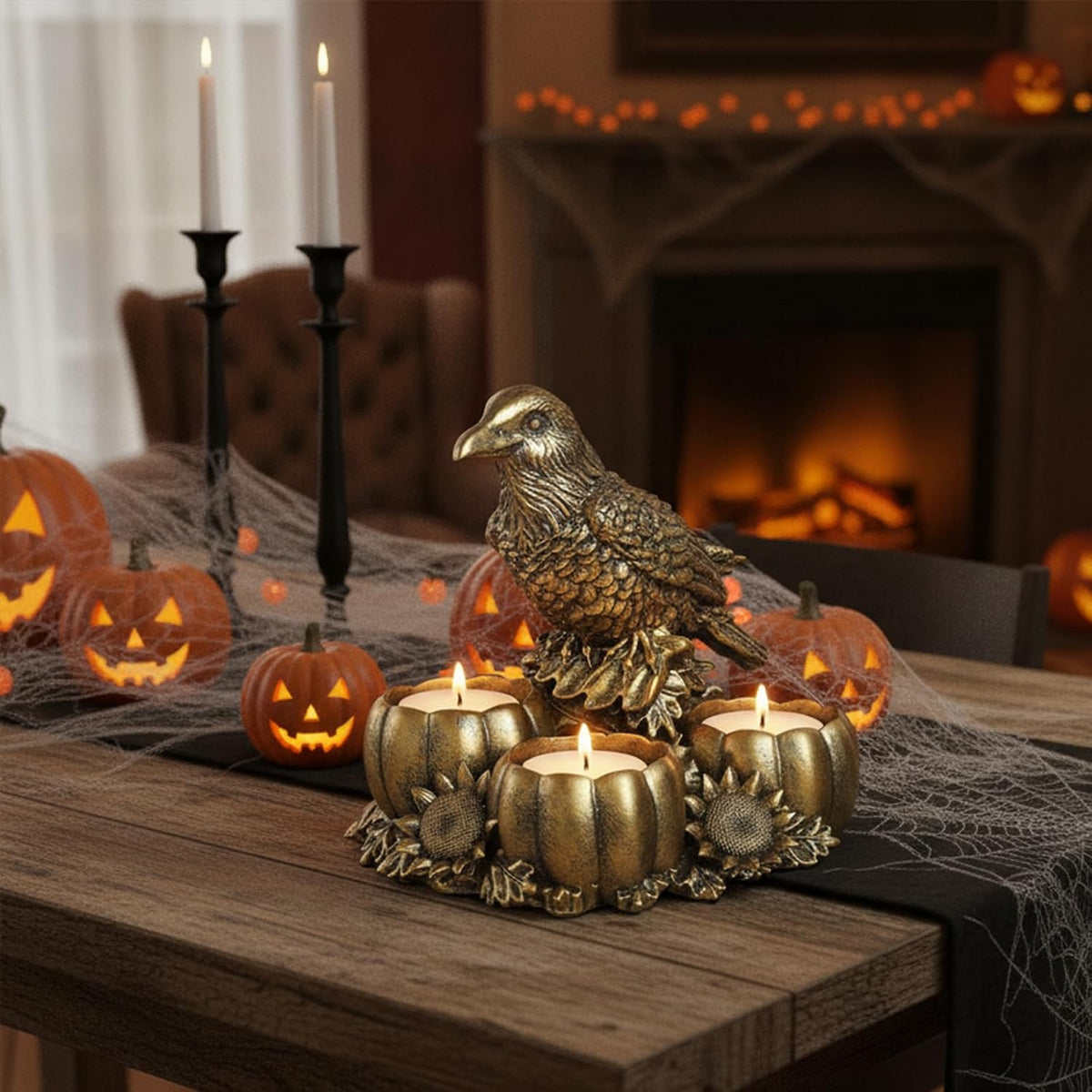 Gold Raven Candle Holders - Crow Vintage Rustic Pedestal Candlesticks, Harves...