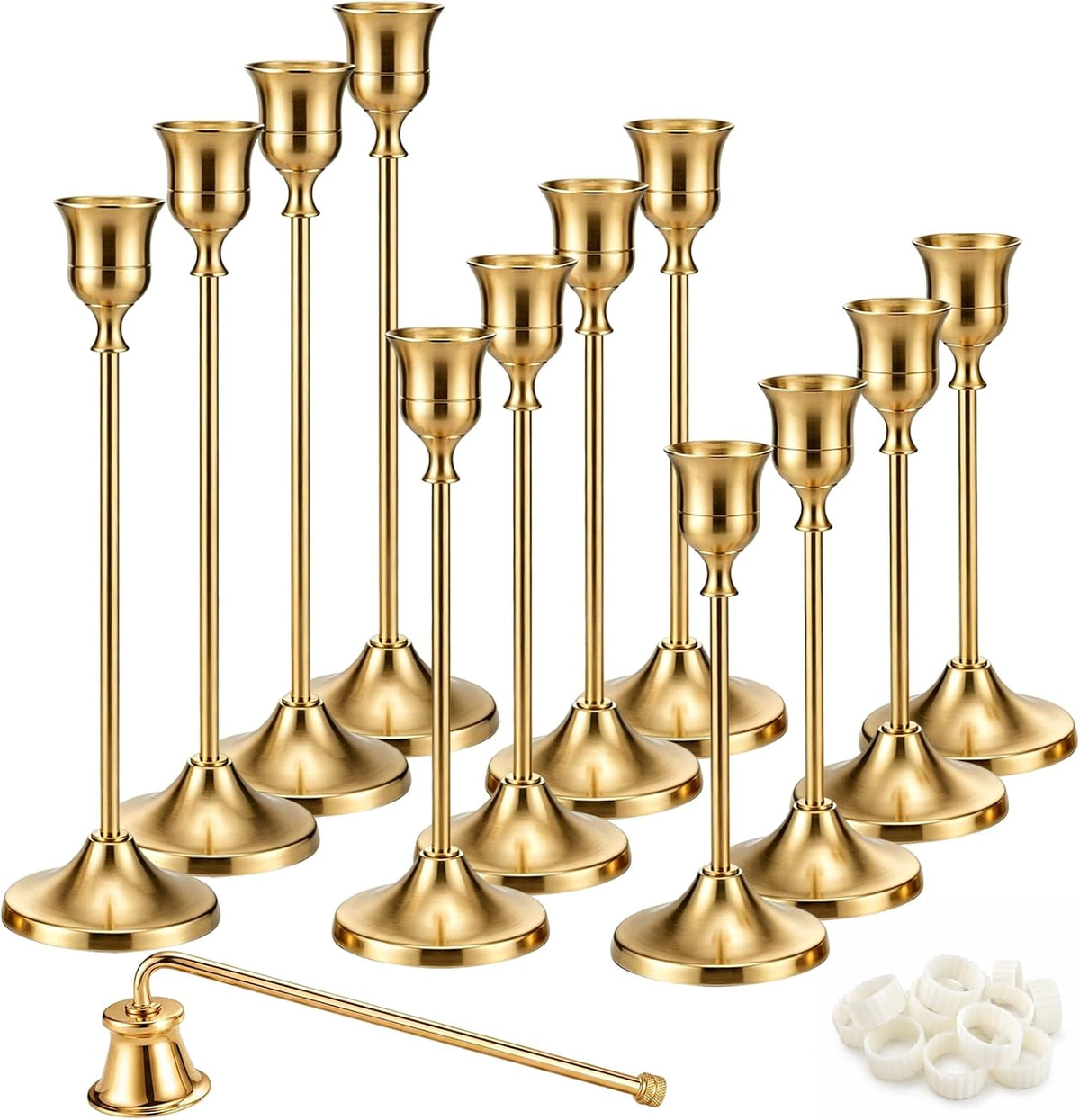 Gold Taper Candle Holders Set of 12, 3 Heights Brass Candlesticks